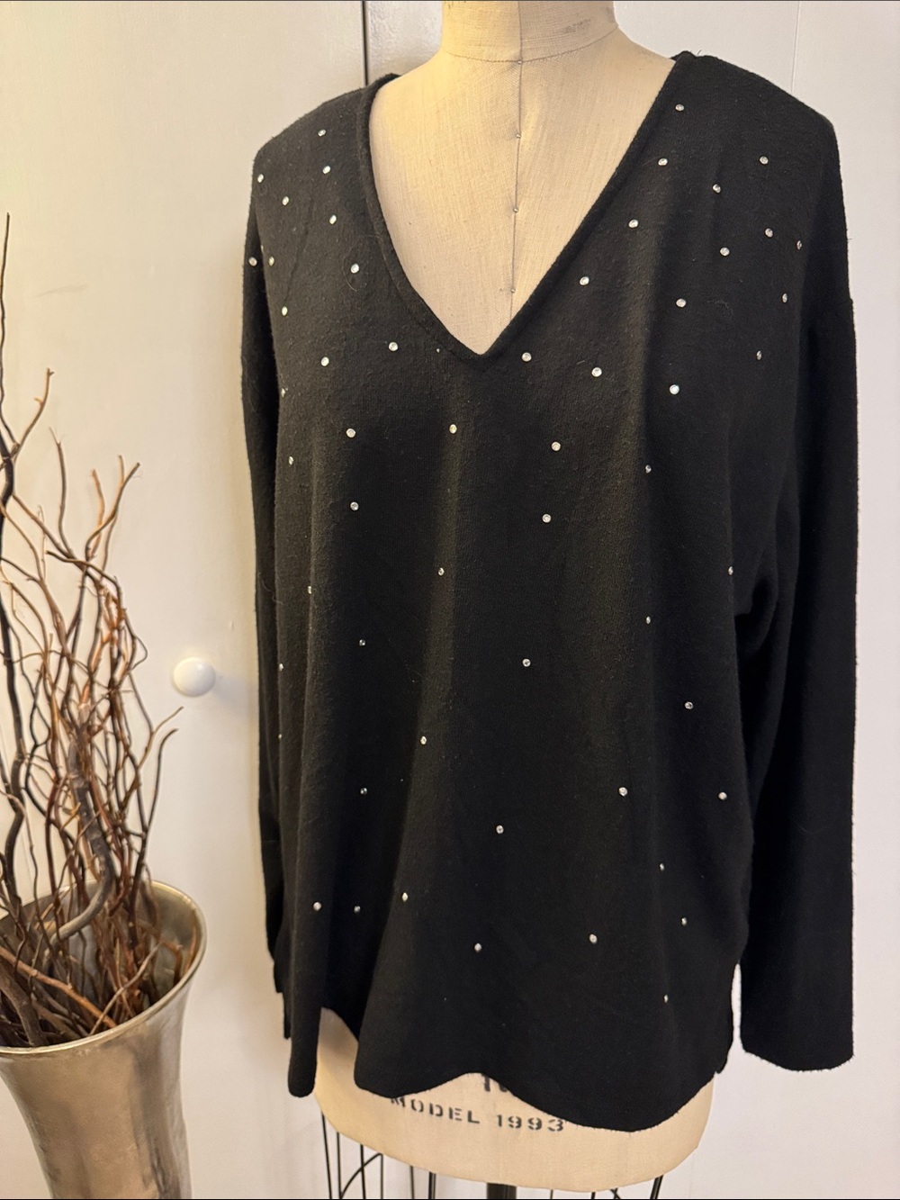 Zara Black V-Neck Sweater with Scattered Silver Studs